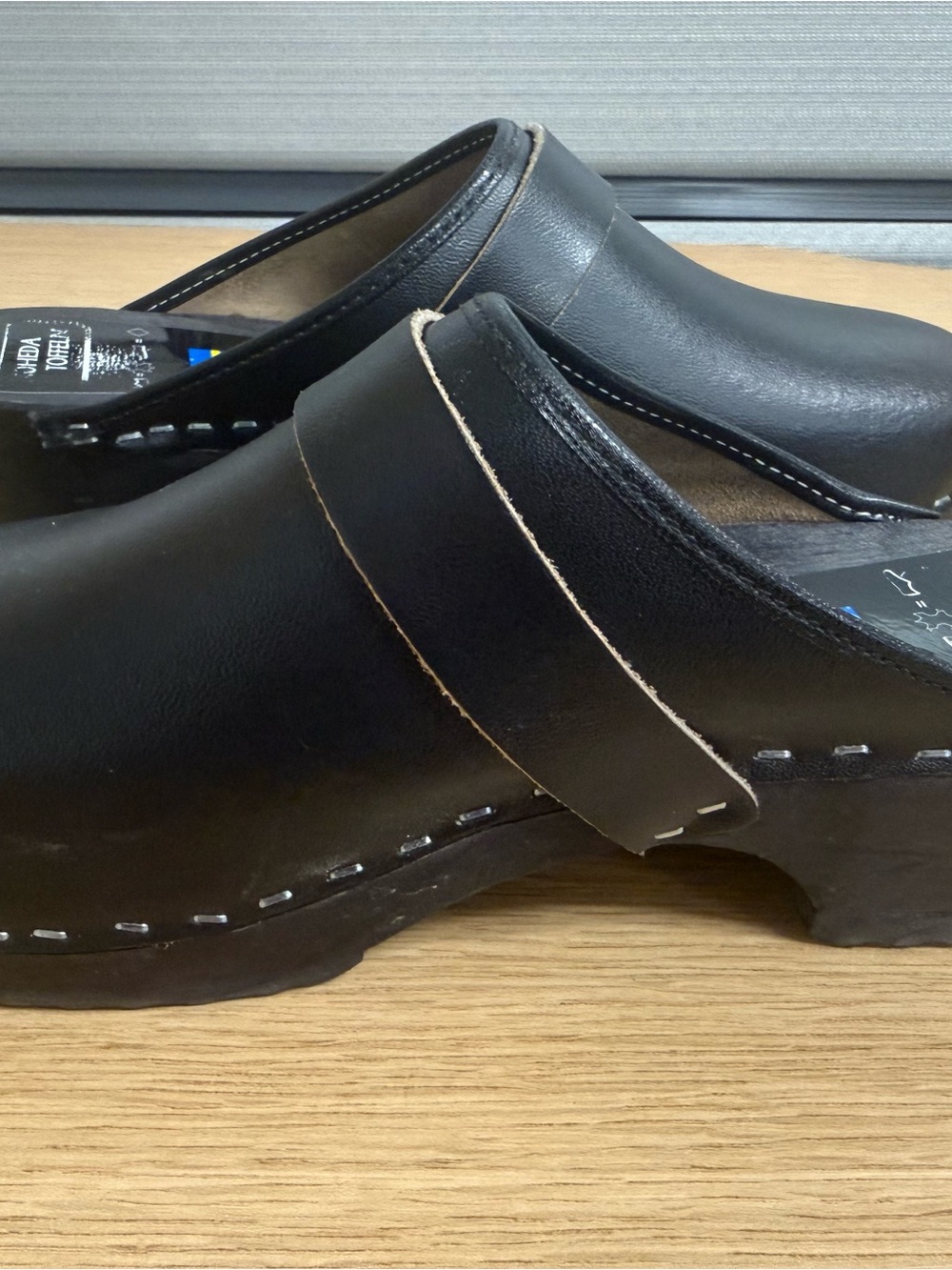 Black Leather Clogs with Wood base/rubber sole